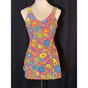 AMAZING Vintage 1960s Day Glo Floral Mod Flower Power One piece Swimsuit